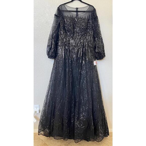 New Mac Duggal Jewel Encrusted Illusion Long Sleeve A Line Gown In Black Sz 16 - Picture 5 of 10